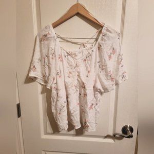 Hippie Rose junior's XL peasant boho floral white pink flowers shirt top